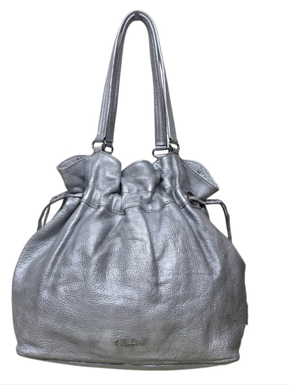 Cole Haan Silver Pebbled Leather Drawstring Shoulder Bag